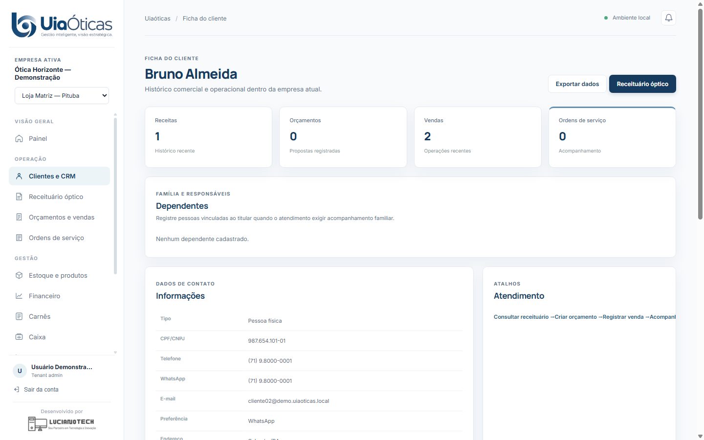 Ficha do cliente com receitas, vendas e ordens de serviço