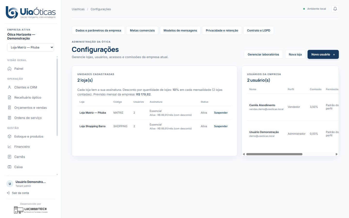 Configurações com lojas, assinatura por loja e usuários