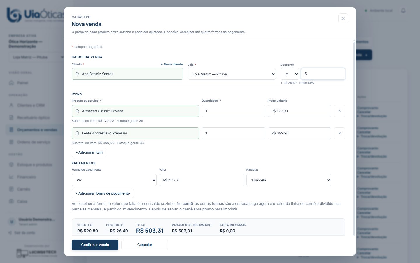 Tela de nova venda com preço automático, desconto em porcentagem e resumo em tempo real